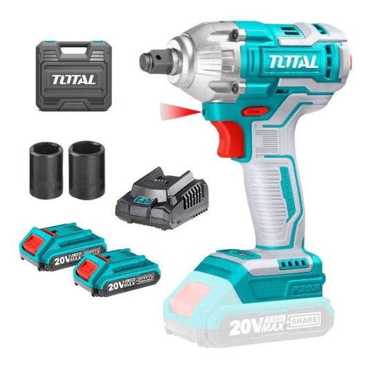 TOTAL Drill charging box, 20 volts, without coal, with 2 batteries